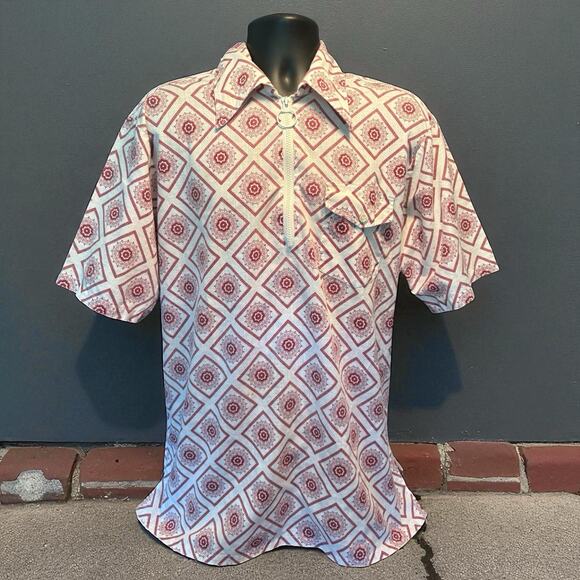 Vintage Men’s King Size Red Geometric Floral Retro Zipper Front Shirt Sz XL - Picture 1 of 9